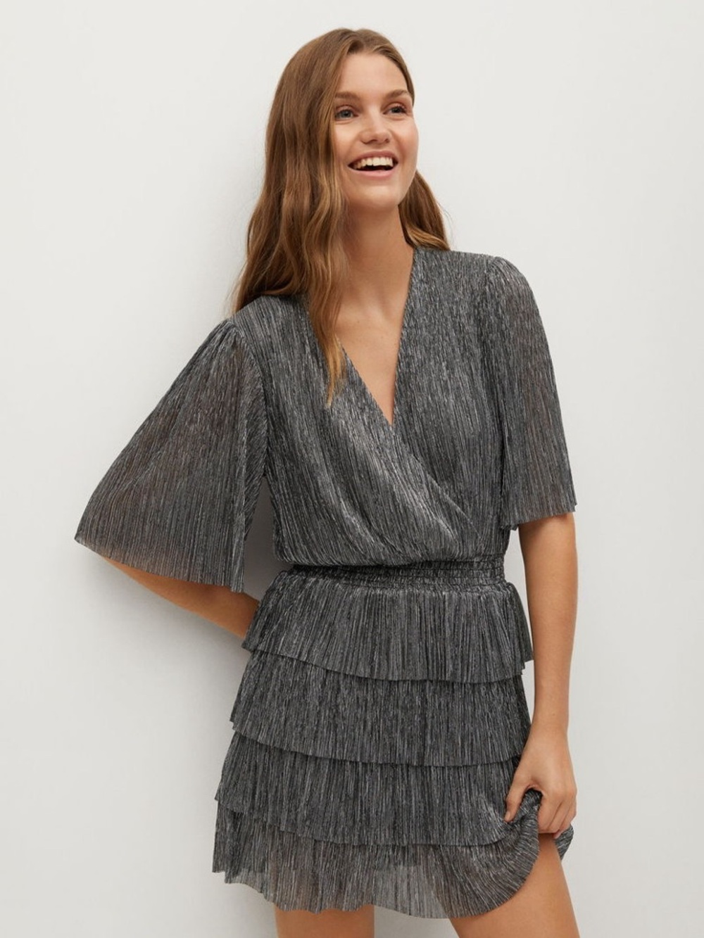 Mango Silver Pleated Tiered Mini Dress